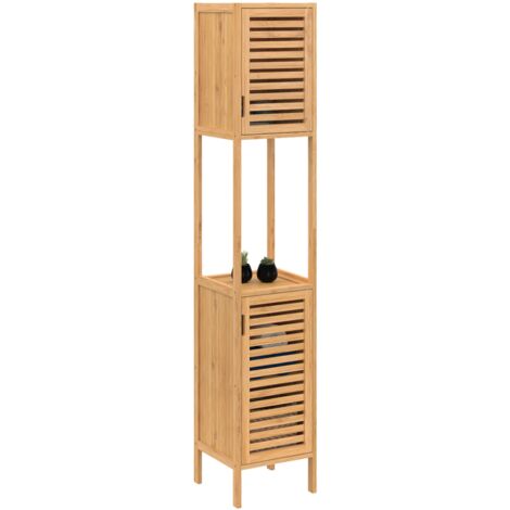 Idmarket – Colonne de salle de bain en bambou 170 cm – 2 portes – Étagère centrale – Style naturel – Montage facile