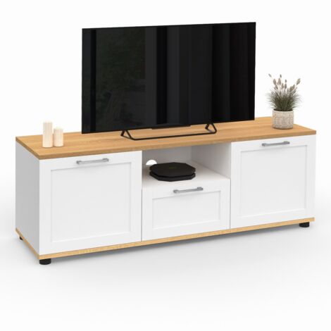 Idmarket – Meuble TV 110 cm avec tiroir et niche – Blanc effet bois – 2 placards latéraux – Trous passe-câbles intégrés – Montage facile