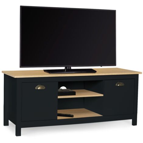 Idmarket – Meuble TV campagne ISIS 113 cm en MDF noir – 2 placards fermés – Étagères centrales – Pour télévisions jusqu'à 40 pouces