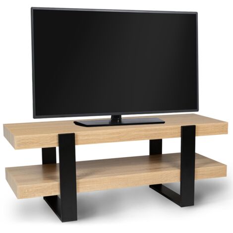 Idmarket – Meuble TV 114 cm double plateau – Bois mélaminé noir et hêtre – Dimensions L. 114 x l. 43 x H. 45 cm – Pour écran jusqu'à 40 pouces