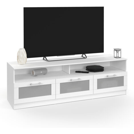 Idmarket – Meuble TV 140 cm – Portes givrées blanches – 2 niches ouvertes – 3 abattants – Panneaux de particules – Rangement compact