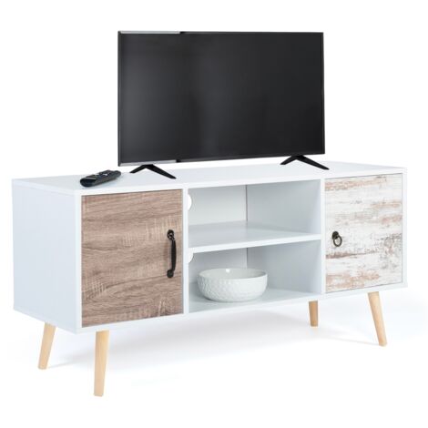Idmarket – Meuble TV scandinave 113 cm blanc – 2 portes – Panneaux de particules 15 mm – Pieds en bois – Compatible TV jusqu'à 40 pouces