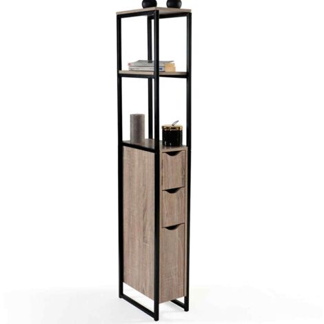 Idmarket – Meuble WC 3 portes – Design industriel en bois et métal noir – Dimensions 31,5x18x138cm – Espace de rangement optimisé