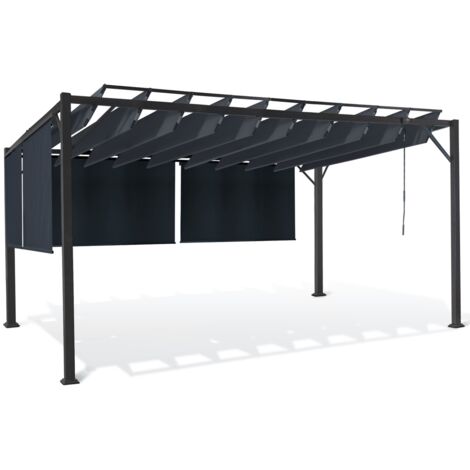 Idmarket – Pergola lames orientables 3x4m – Structure en acier gris anthracite – Stores latéraux inclus – Orientation des lames jusqu'à 160°