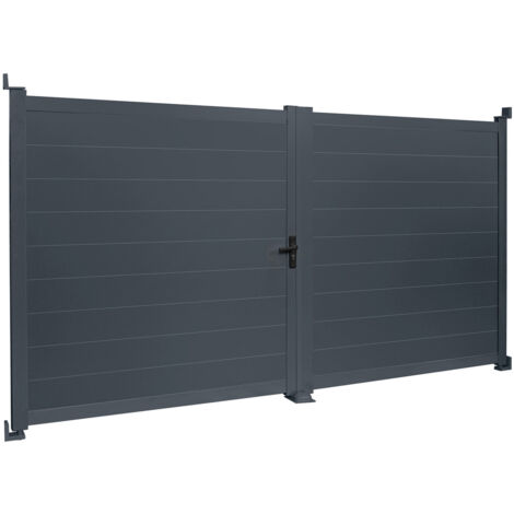 Idmarket – Portail aluminium battant 302x160 cm gris anthracite – Ouverture large – Verrouillable avec serrure à clé – Résistant aux intempéries