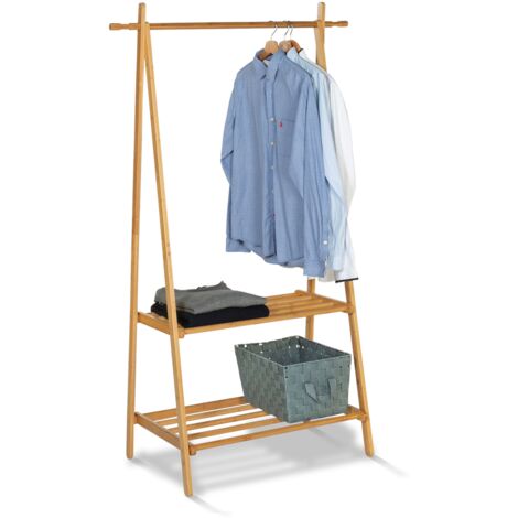 Idmarket – Portant d'entrée en bambou avec 2 étagères – Dimensions 89x43x159 cm – Barre de penderie 69,5 cm pour manteaux et vestes