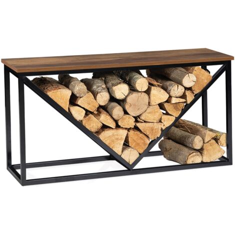 Idmarket – Range bûches horizontal acier noir – Plateau bois foncé – Dimensions 100x30x50 cm – Pour stockage bois cheminée