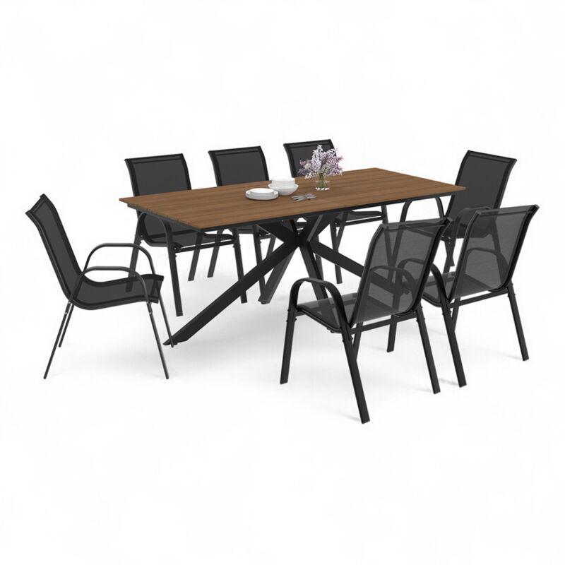 Salon de jardin messina table 190 cm pied araignée plateau effet bois et 8 chaises empilables noires