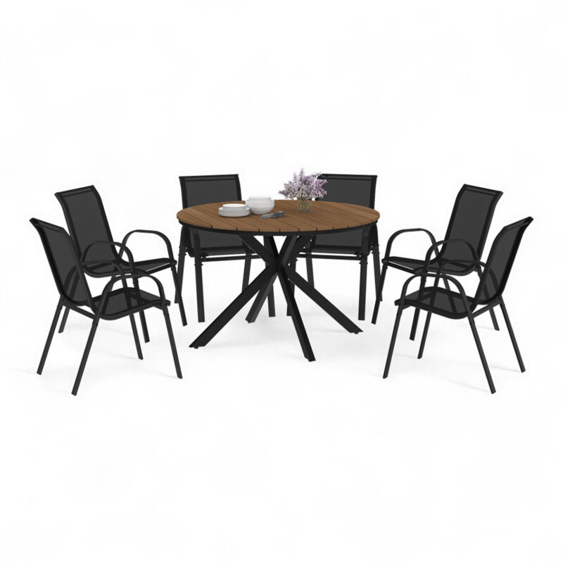 Salon de jardin messina table ronde 120 cm pied araignée plateau effet bois et 6 chaises empilables noires