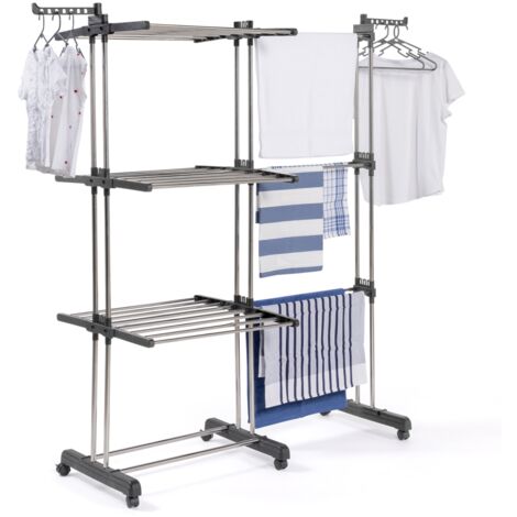 Idmarket – Séchoir à linge extensible 3 niveaux – Capacité 27m – Acier inoxydable et plastique ABS – 6 roulettes orientables pour déplacement facile