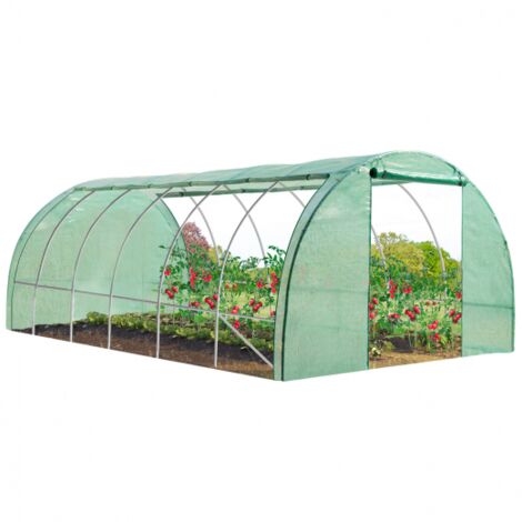 Idmarket – Serre tunnel 18M² 6x3M – Bâche renforcée anti-UV 140g/m² – 4 barres anti-tempête – 6 fenêtres avec moustiquaire – Large porte zippée