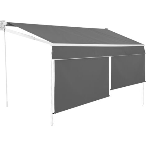 Idmarket – Store banne manuel 4x3 M gris anthracite – Toile 100% polyester 240 gr/m² – Lambrequins verticaux 150 cm – Bras articulés en aluminium