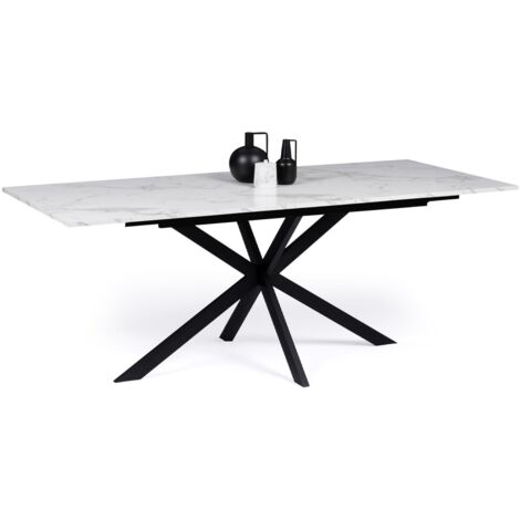 Idmarket – Table à manger extensible rectangle 160-200 cm – Pied araignée noir – Plateau effet marbre blanc – Rallonge intégrée 40 cm - ALIX 6-10