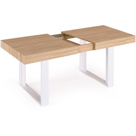 Idmarket – Table à manger extensible rectangle 160-200 cm – 6 à 10 personnes – Bois effet naturel et pieds blancs – Design moderne