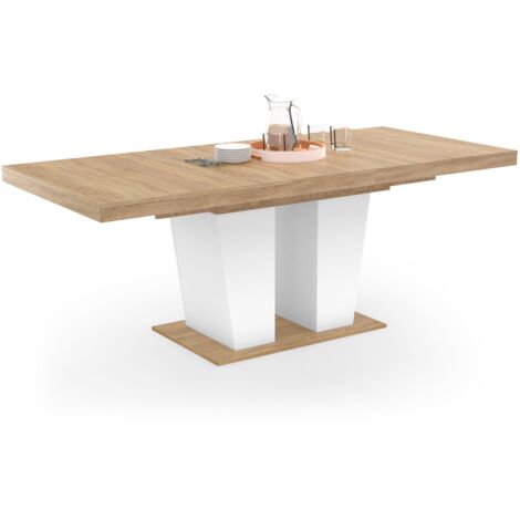 Idmarket – Table extensible rectangle 160-200 cm – 6-10 personnes – Bois mélaminé blanc et bois – Pied central original