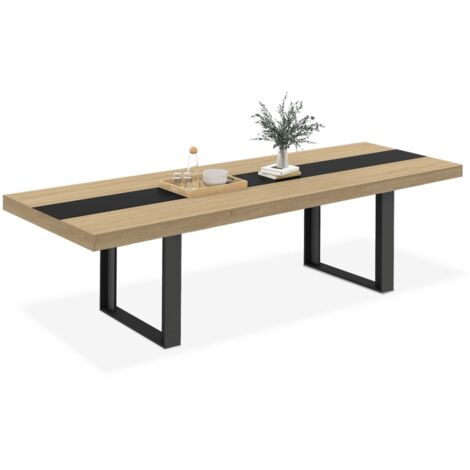 Idmarket – Table à manger extensible rectangle 6-12 personnes – Bois clair et noir – Dimensions 200-300 cm – Rallonges discrètes sous le plateau
