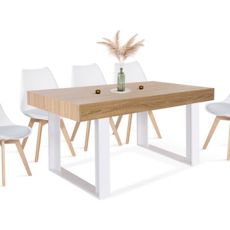Idmarket – Table à manger rectangle 160 cm – 6 personnes – Bois mélaminé effet naturel – Pieds en bois blanc – Style industriel contemporain