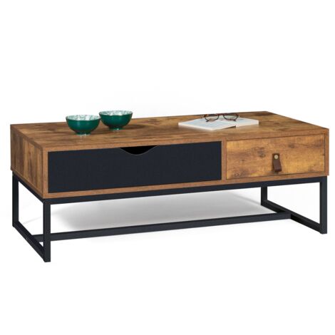 Idmarket – Table basse fixe rectangulaire 100x50x36cm – 2 tiroirs en bois vieilli et métal – Design industriel moderne pour salon