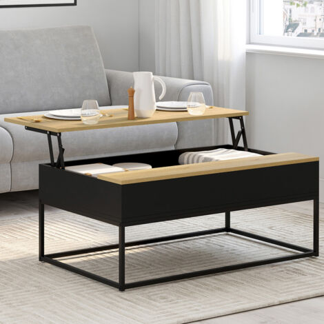 Idmarket – Table basse relevable noire en métal et bois – Dimensions 100x55x40,5 cm – Design industriel moderne avec rangement intégré