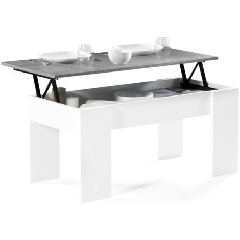 Idmarket – Table basse relevable rectangulaire 100x50cm – Bois blanc avec effet béton – Compartiment de rangement intégré – Hauteur 44,5/57cm