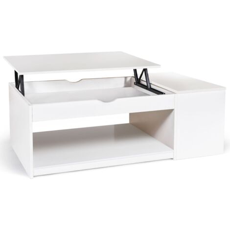 Idmarket – Table basse relevable rectangulaire avec coffre en bois blanc – Dimensions 110x60x45cm – Mécanisme en acier laqué époxy – Espace de rangement optimisé