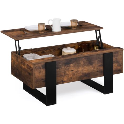 Idmarket – Table basse gigogne plateau relevable rectangulaire – Bois effet vieilli et noir – Mécanisme en acier laqué – Dimensions 97,5x50x40cm