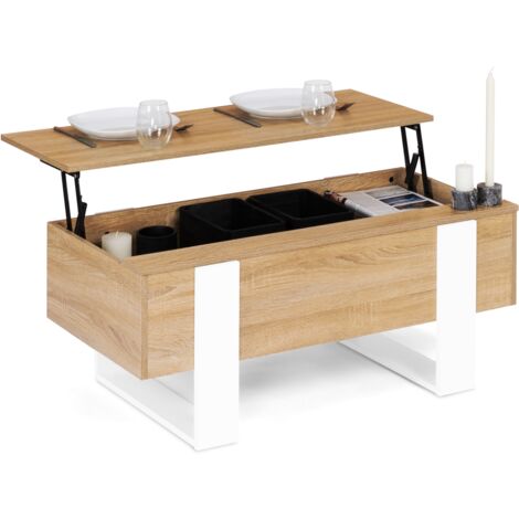 Idmarket – Table basse gigogne plateau relevable rectangulaire – Bois et blanc – Dimensions 97,5x50x40cm – Compartiment de rangement pratique