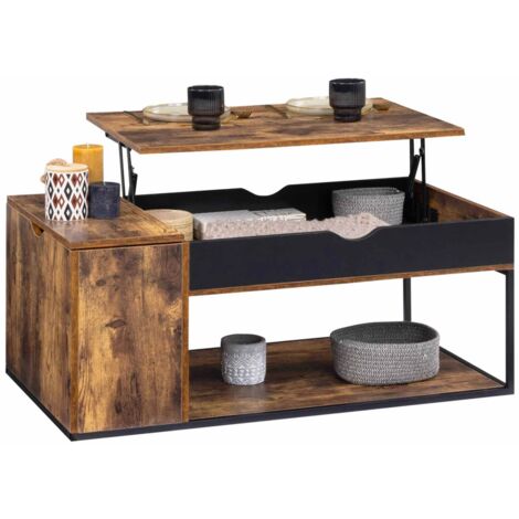 Idmarket – Table basse relevable rectangulaire en bois effet vieilli et métal noir – 100x55x40cm – Coffre de rangement intégré – Design industriel