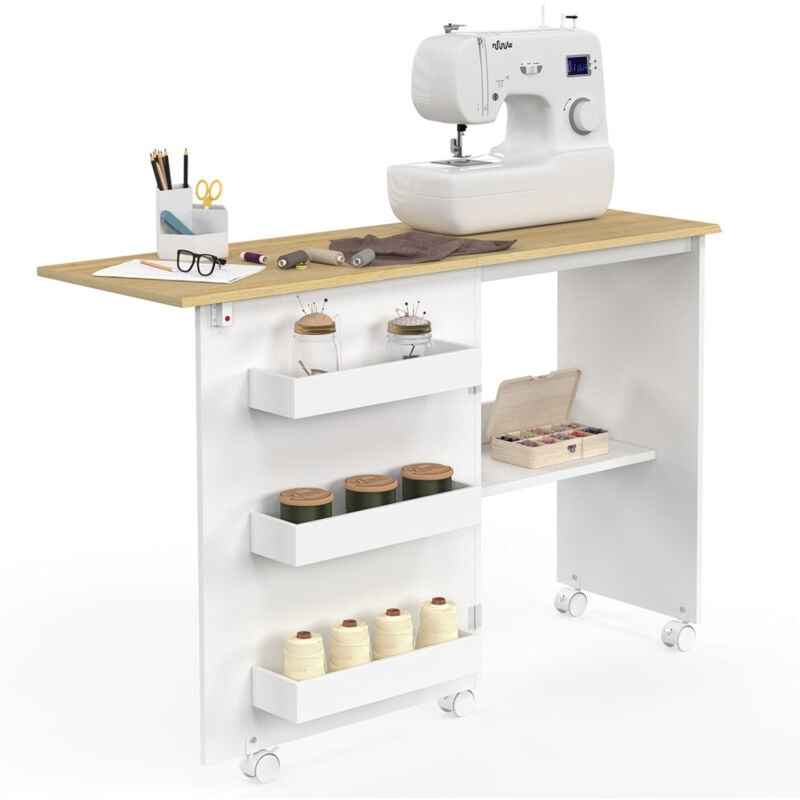 Table de couture pliable à roulettes Meuble pour Machine à Coudre avec 4 étagères