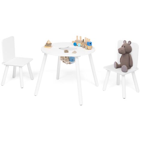 Idmarket – Table enfant ronde avec 2 chaises – Dimensions 60x60x47 cm – Espace de rangement pratique – Bois blanc MDF
