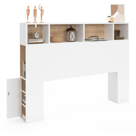 Idmarket – Tête de lit sur pied 145 cm – Rangements fermés et niches – Blanc et hêtre – Montage facile – Adaptable à lits 140 cm