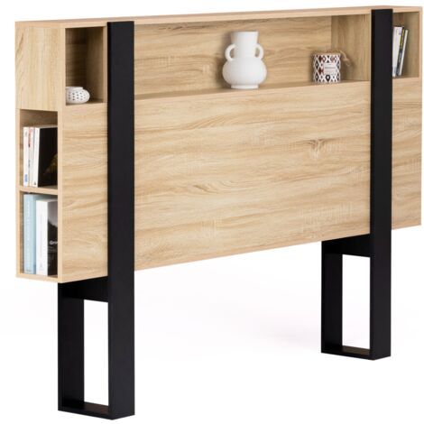 Idmarket – Tête de lit sur pied 160 cm – Rangement bois et noir – Design industriel avec niches supérieures et latérales – Montage facile