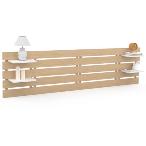 Idmarket – Tête de lit suspendue 240 cm – 5 lattes en pin vernis – Étagères blanches modulables – Installation facile avec kit de fixation