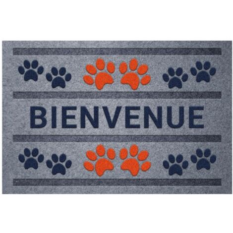 IDMAT - Tapis flocke estampes bienvenue patteS rouge bleu 40x60cm