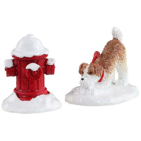 Idrante e cagnolino nella neve accessori in poliresina per villaggio di Natale h 3 cm