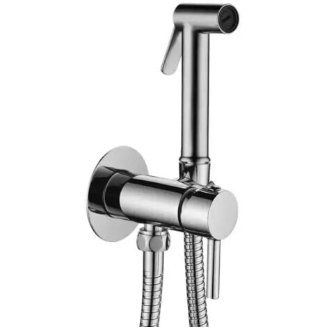 Idrogetto/idroscopino bidet a parete tondo in ottone cromato con miscelatore,supporto e doccino a pulsante modello tweet round attacco flessibile 1/2" - cm 120 - finitura cromata P