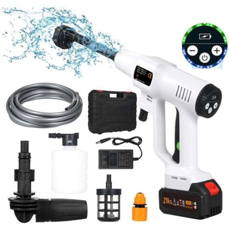 Idropulitrice ad alta pressione senza fili da 21 V - Pistola ad alta pressione con ugello multifunzione 6 in 1 da 725 PSI con tubo da 5 m, 1 batteria da 1500 mAh, per la pulizia di auto, pavimenti e s