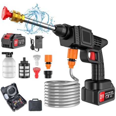 Idropulitrice elettrica ad alta pressione 3 in 1 con batteria da 21 V, pistola a spruzzo ricaricabile con tubo da 5 m e scatola di immagazzinaggio