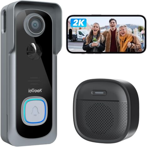 iegeek 2K doorbell caméra sans fil sans abonnement - sonnerie vidéo avec cloches, gris, convertisseur de voix, audio bidirectionnel, détection de mouvement PIR, wifi 2,4 GHz, fonctionne avec Alexa