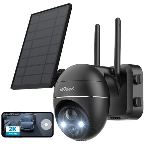 ieGeek 2K Solar Überwachungskamera Aussen Akku 355°/140° Pan Tilt Kabellose Überwachungskamera mit Farbnachtsicht PIR Bewegungsmelder Sirene/Weißlichtalarm 2-Wege-Audio IP65 Cloud/SD Storage