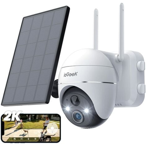 ieGeek 2K Überwachungskamera Aussen Akku, Solar WLAN Outdoor mit 355°/140° Pan Tilt, 20m Farbnachtsicht, PIR Bewegungsmelder, Sirene/Weißlichtalarm,4dbi Doppelantenne,IP65