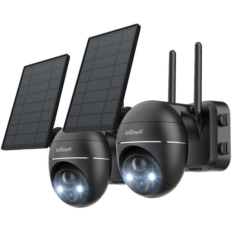 2PCS Caméra Surveillance 2K WiFi Extérieure sans Fil Solaire Caméra ip Batterie Vision Nocturne Couleur pir Détection Sirène Noir - Iegeek