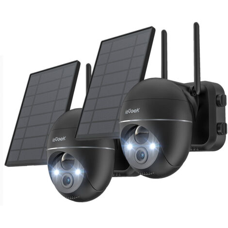 ieGeek 2Stk. 2K Solar Überwachungskamera Aussen Akku 355°/140° Pan Tilt Kabellose Farbnachtsicht mit PIR Bewegungsmelder Sirene/Weißlichtalarm 2-Wege-Audio IP65 Cloud/SD Storage