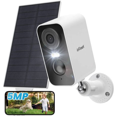 ieGeek 5MP Caméra Solaire Vision Nocturne Couleur AI Détection Mouvement Audio Bidirectionnel Alexa/IP65 Blanc