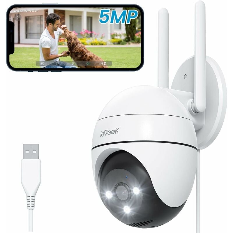 5MP Camera Surveillance WiFi Exterieure, 360° Camera ip, Vision Nocturne Couleur, Détection Humaine, Audio Bidirectionnel - white - Iegeek