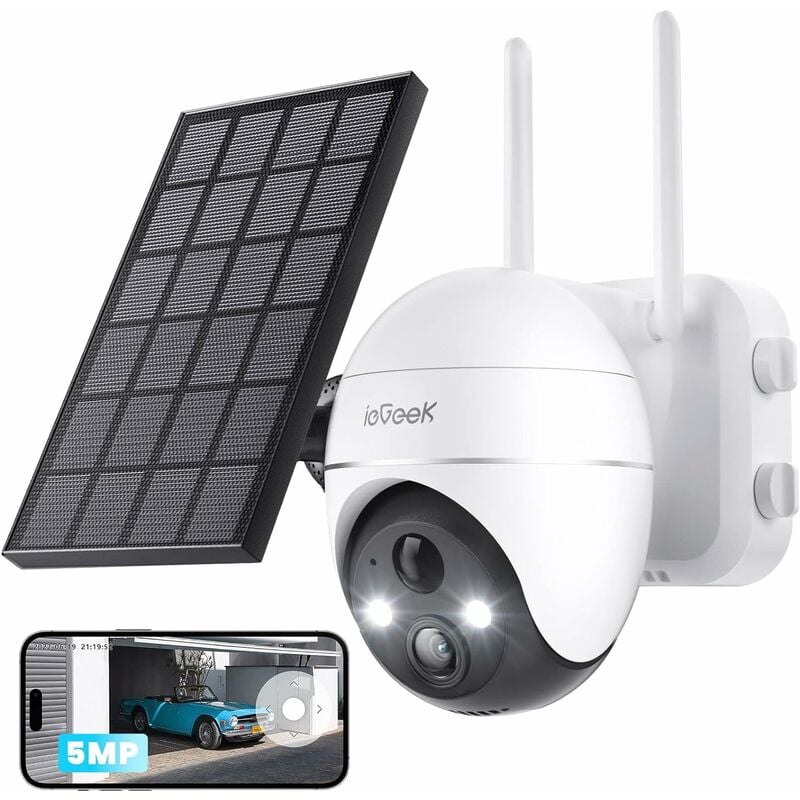 Iegeek - 5MP Camera Surveillance WiFi Exterieure sans Fil, Camera Solaire Camera 360 Degré Détection Humaine pir Alexa Cloud IP65 - white