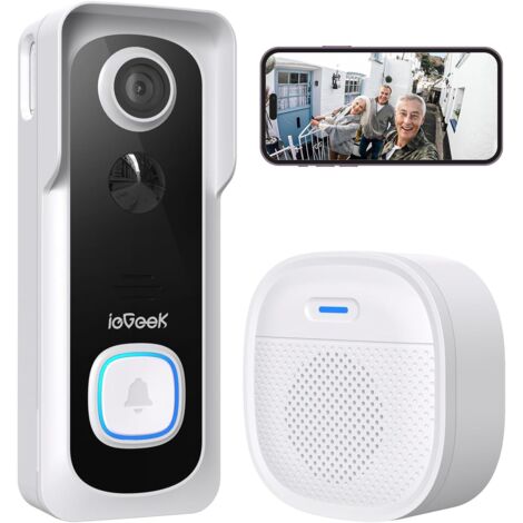 Iegeek – Sonnette de porte avec caméra sans fil 1080P FHD – Audio à 2 voies – Détection de mouvement – Carillon intérieur sans fil – IP66