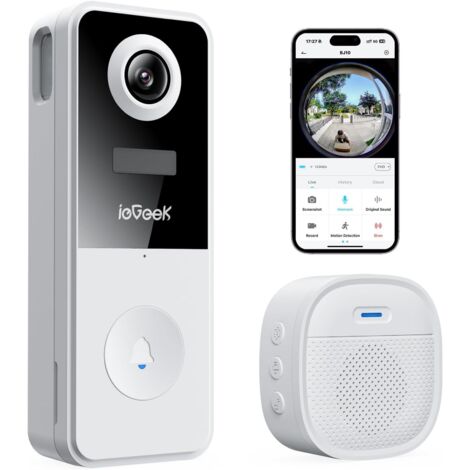 iegeek Sonnette sans fil avec caméra, Sonnette sans fil extérieure 2K étanche, Angle ultra grand de 180°, Audio bidirectionnel, Vision nocturne, Détection PIR humaine, IP65 étanche, WiFi 2.4G