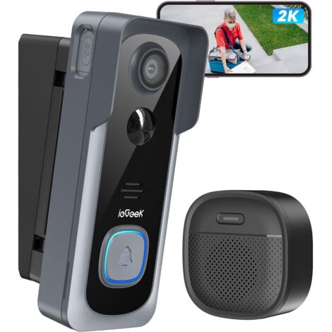 Iegeek – Sonnette vidéo sans fil 2K avec vision nocturne IR – Détection de mouvement PIR jusqu'à 6m – Alimentation par batteries rechargeables 5600mAh – IP66