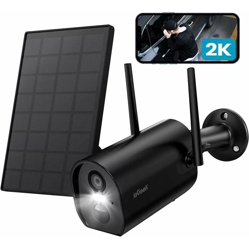 Surveillance Batterie Caméra Panneau Solaire Extérieur, Capteur de Mouvement pir Sans Fil 1080P IP65 Étanche - black - Iegeek